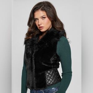 Guess Emma Faux-Fur Vest Black Size L NWT